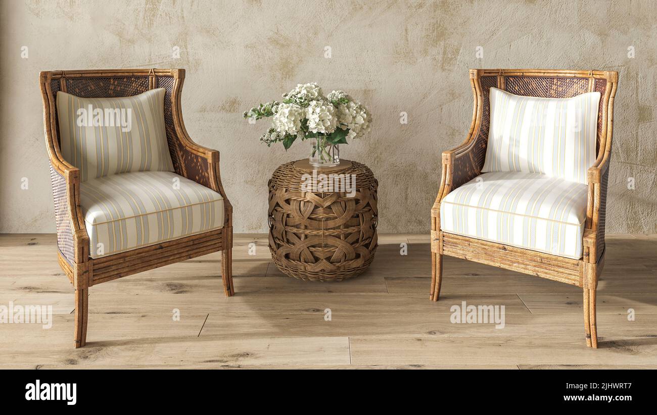 Séjour au design côtier. Intérieur intérieur confortable. Illustration de rendu Hampton style 3D. Bannière Web. Banque D'Images