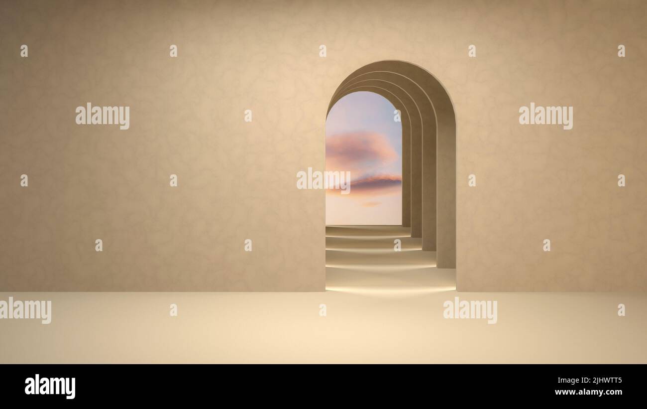 3d rendu surréaliste d'une chambre vide avec des arches et des nuages pastel. Arc abstrait tunnel scène avec des nuages de couleur rose pastel. 3d rendu. Banque D'Images