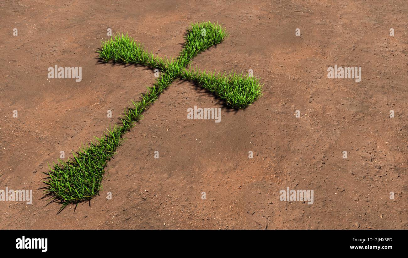 Concept conceptuel vert été pelouse herbe symbole forme sur sol brun ou fond de terre, signe de la croix chrétienne religieuse. Banque D'Images