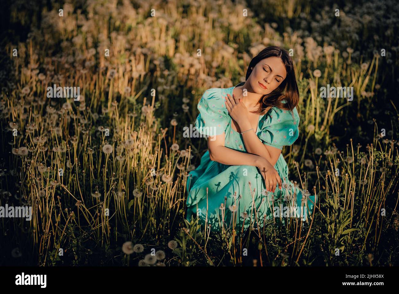 Belle femme assise sur une pelouse en pissenlit mûri dans le parc. Fille en robe turquoise rétro appréciant l'été à la campagne. Souhaitant, joie concept Banque D'Images