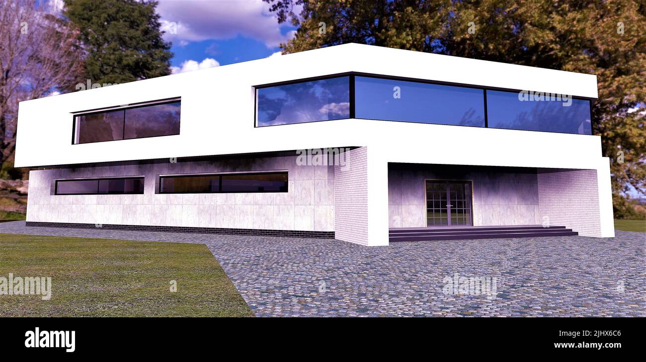 Design conceptuel d'une maison de pays de haute technologie. Forme inhabituelle, finition en béton. Véranda spacieuse et toit plat. 3d rendu. Banque D'Images