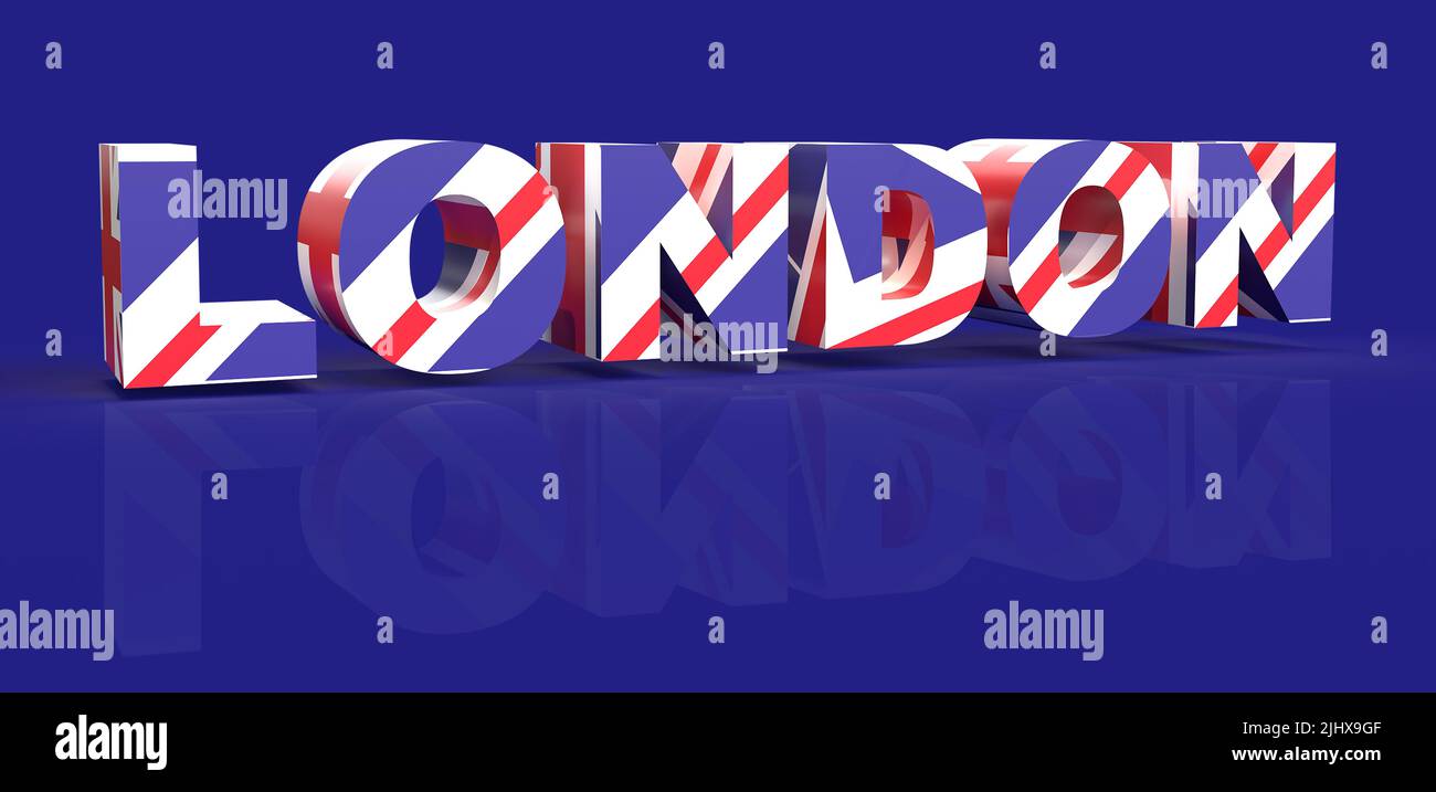 Londres avec Union Jack Flag 3D rendu sur fond bleu. Banque D'Images