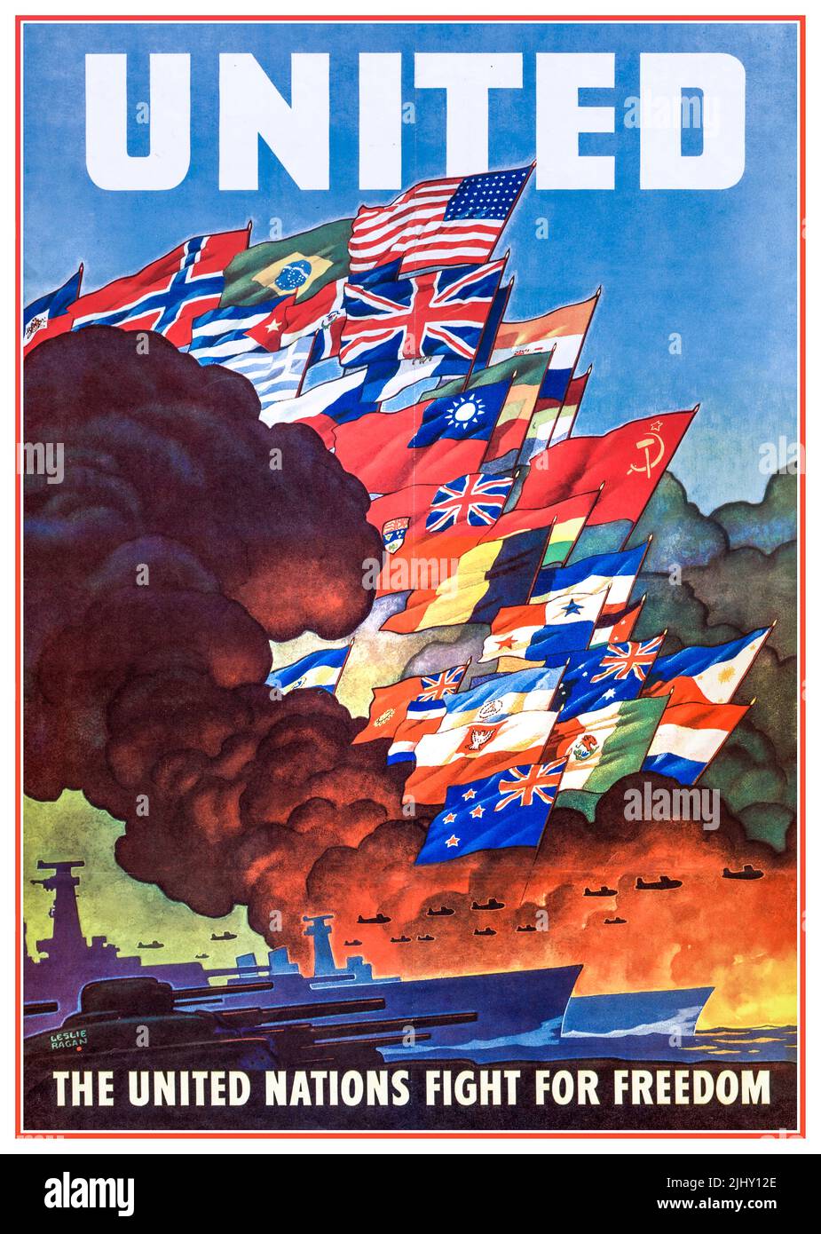 Vintage WW2 'UNITED' 'LUTTE DES NATIONS UNIES POUR LA LIBERTÉ' Poster de propagande WW2 créé pendant la Seconde Guerre mondiale (1943), selon la Déclaration des Nations Unies de 1942. L'affiche, créée par l'Office des renseignements sur la guerre des États-Unis et réalisée par l'Office d'impression du gouvernement des États-Unis. L'affiche présente les drapeaux des pays ou des gouvernements en exil qui se sont engagés à soutenir l'effort allié.cette affiche est importante parce qu'elle représente les origines mêmes de l'ONU en tant qu'alliance de guerre, avant qu'elle ne devienne une entité officielle d'après-guerre Banque D'Images
