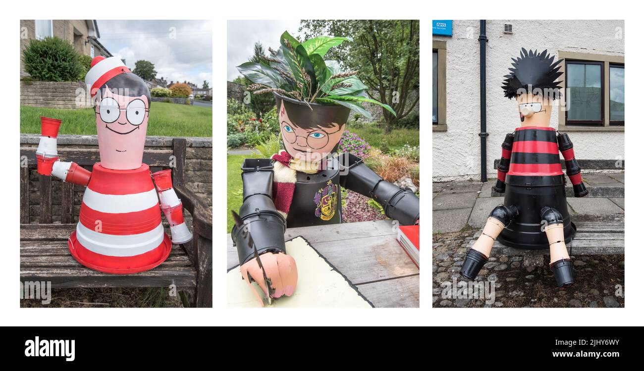 Triptyque de personnages du festival Settle Flowerpot 2022, dans la ville marchande de Settle dans le North Yorkshire, parc national de Yorkshire Dales, Royaume-Uni. Banque D'Images