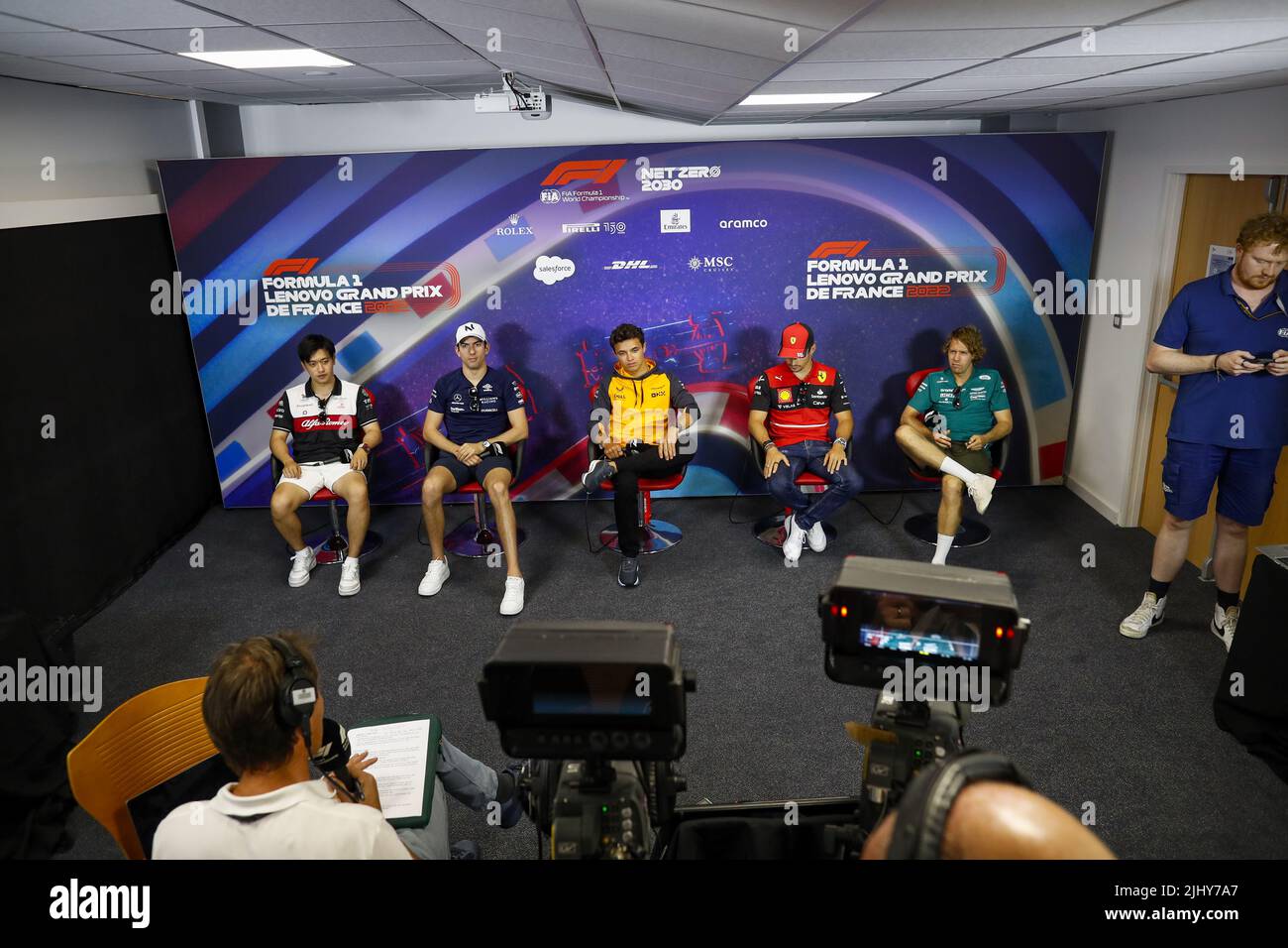 ZHOU Guanyu (chi), Alfa Romeo F1 Team ORLEN, LATIFI Nicholas (CAN), Williams Racing, NORRIS Lando (gbr), McLaren F1 Team, LECLERC Charles (mco), Scuderia Ferrari et VETTEL Sebastian (ger), Aston Martin F1 Team, portrait lors de la conférence de presse précédant le Grand Prix de France de Formule 1 de Lenovo, Grand Prix de France 2022, 12th tour du Championnat du monde de Formule 1 de la FIA 2022 de 22 juillet à 24, 2022 sur le circuit Paul Ricard, au Castellet, France - photo : Antonin Vincent / DPPI/DPPI/LiveMedia Banque D'Images