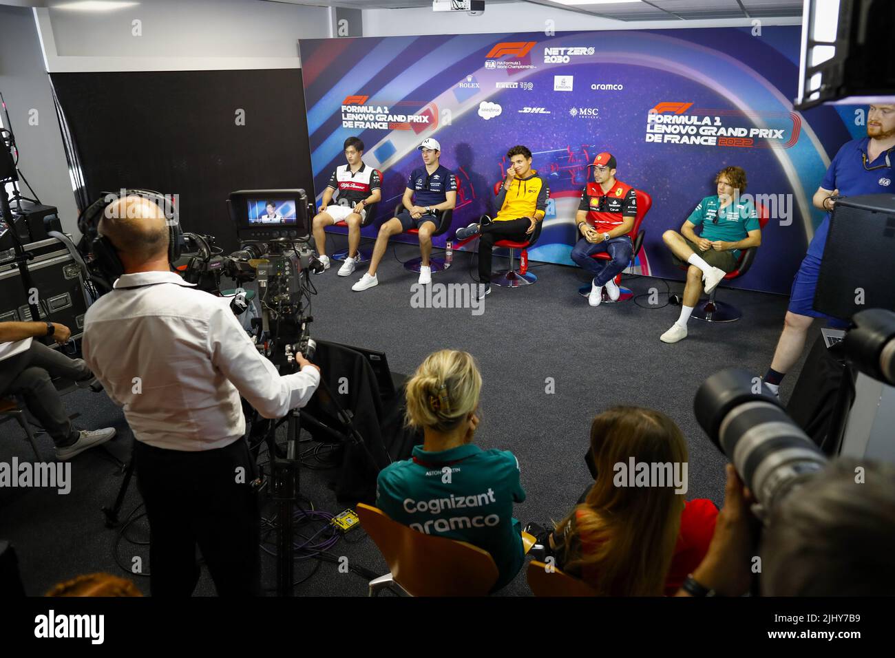 ZHOU Guanyu (chi), Alfa Romeo F1 Team ORLEN, LATIFI Nicholas (CAN), Williams Racing, NORRIS Lando (gbr), McLaren F1 Team, LECLERC Charles (mco), Scuderia Ferrari et VETTEL Sebastian (ger), Aston Martin F1 Team, portrait lors de la conférence de presse précédant le Grand Prix de France de Formule 1 de Lenovo, Grand Prix de France 2022, 12th tour du Championnat du monde de Formule 1 de la FIA 2022 de 22 juillet à 24, 2022 sur le circuit Paul Ricard, au Castellet, France - photo : Antonin Vincent / DPPI/DPPI/LiveMedia Banque D'Images