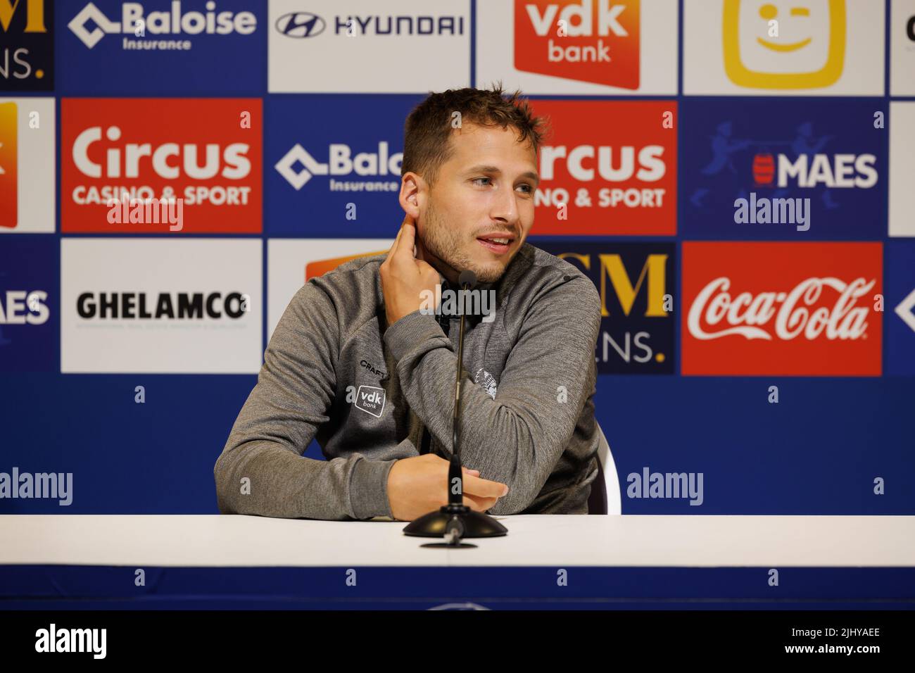 Andrew Hjulsager de Gent photographié lors de la conférence de presse hebdomadaire de l'équipe belge de football KAA Gent, jeudi 21 juillet 2022 à Gent, pour discuter du début de la compétition nationale. Le vendredi, Gent visitera Standard dans le cadre de l'ouverture de la saison. BELGA PHOTO KURT DESPLENTER Banque D'Images