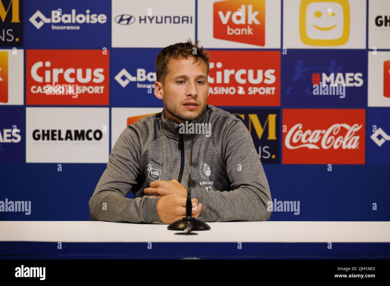 Andrew Hjulsager de Gent photographié lors de la conférence de presse hebdomadaire de l'équipe belge de football KAA Gent, jeudi 21 juillet 2022 à Gent, pour discuter du début de la compétition nationale. Le vendredi, Gent visitera Standard dans le cadre de l'ouverture de la saison. BELGA PHOTO KURT DESPLENTER Banque D'Images