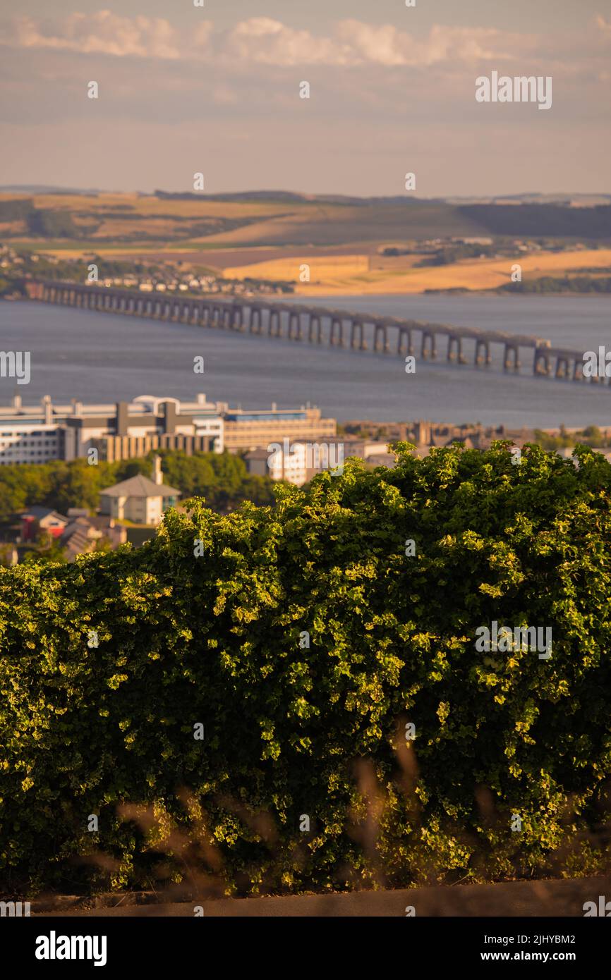 Dundee, Royaume-Uni. Juin 2022. Vue sur le pont de Tay Rail depuis Dundee Law, Law Hill en été avec la rivière Tay et Fife vers le fond. Banque D'Images