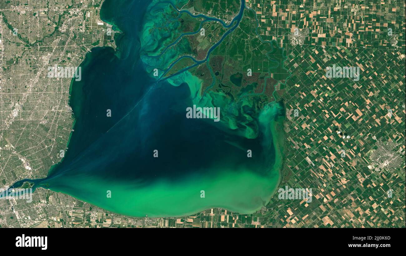Antenne d'une prolifération d'algues sur le lac Sainte-Claire, Detroit, Michigan Banque D'Images
