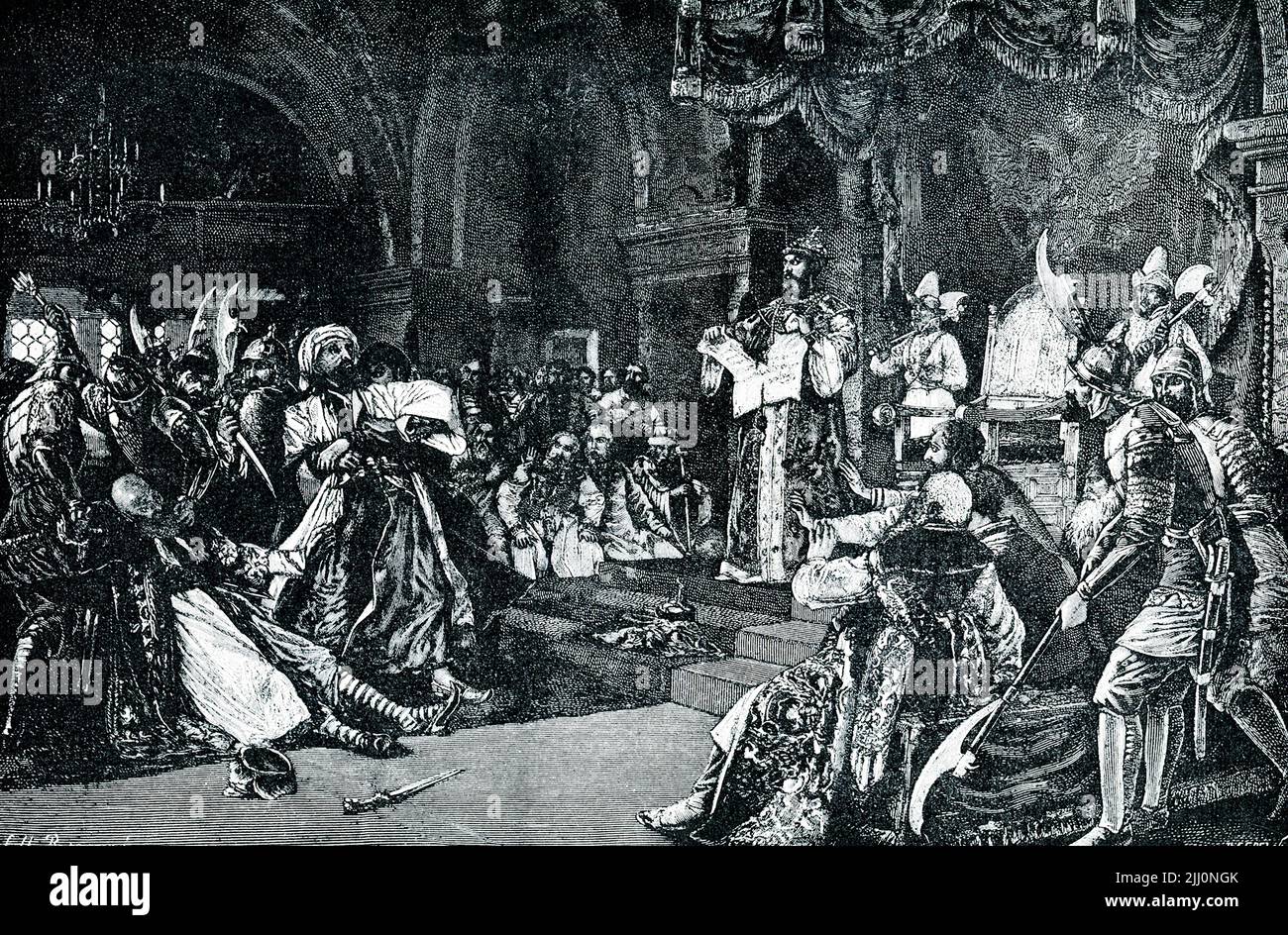 La légende de 1906 se lit comme suit : « IVAN III DÉCHIRANT LA LETTRE DU TARTRE KHAN.—ce n'est qu'un siècle après Di Donski que les Tartars ont finalement été chassés de Russie. Un autre grand-duc de Moscou, Ivan le Grand a pimé la lettre exigeant un hommage, soumis les ambassadeurs à toute indimité et libéré la Russie à jamais de la malédiction du Tartar. » Ivan III (1440-1505), appelé Ivan le Grand, fut grand duc de Moscou de 1462 à 1505. Il a achevé l'unification des terres russes, et son règne marque le début de la Russie moscovite. Bien que le Mongol Horde était déjà affaibli par ce TI Banque D'Images