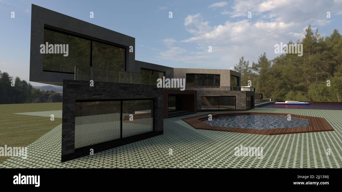 Un concept unique d'une maison futuriste high-tech avec piscine. Formulaire non standard. 3d rendu. Banque D'Images