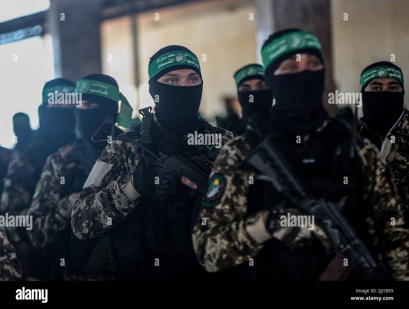 Gaza, bande de Gaza, Palestine. 20th juillet 2022. Gaza, Palestine. 20 juillet 2022. Les Brigades Izz ad-DIN Al-Qassam, l'aile militaire du mouvement palestinien de résistance islamique du Hamas, tiennent une marche militaire au port de Gaza dans la ville de Gaza. La marche marque l'anniversaire de la prise du soldat israélien Aron Shaul par les Brigades Al Qassam lors de la guerre d'Israël sur Gaza en 2014 (Credit image: © Ahmad Hasaballah/IMAGESLIVE via ZUMA Press Wire) Banque D'Images