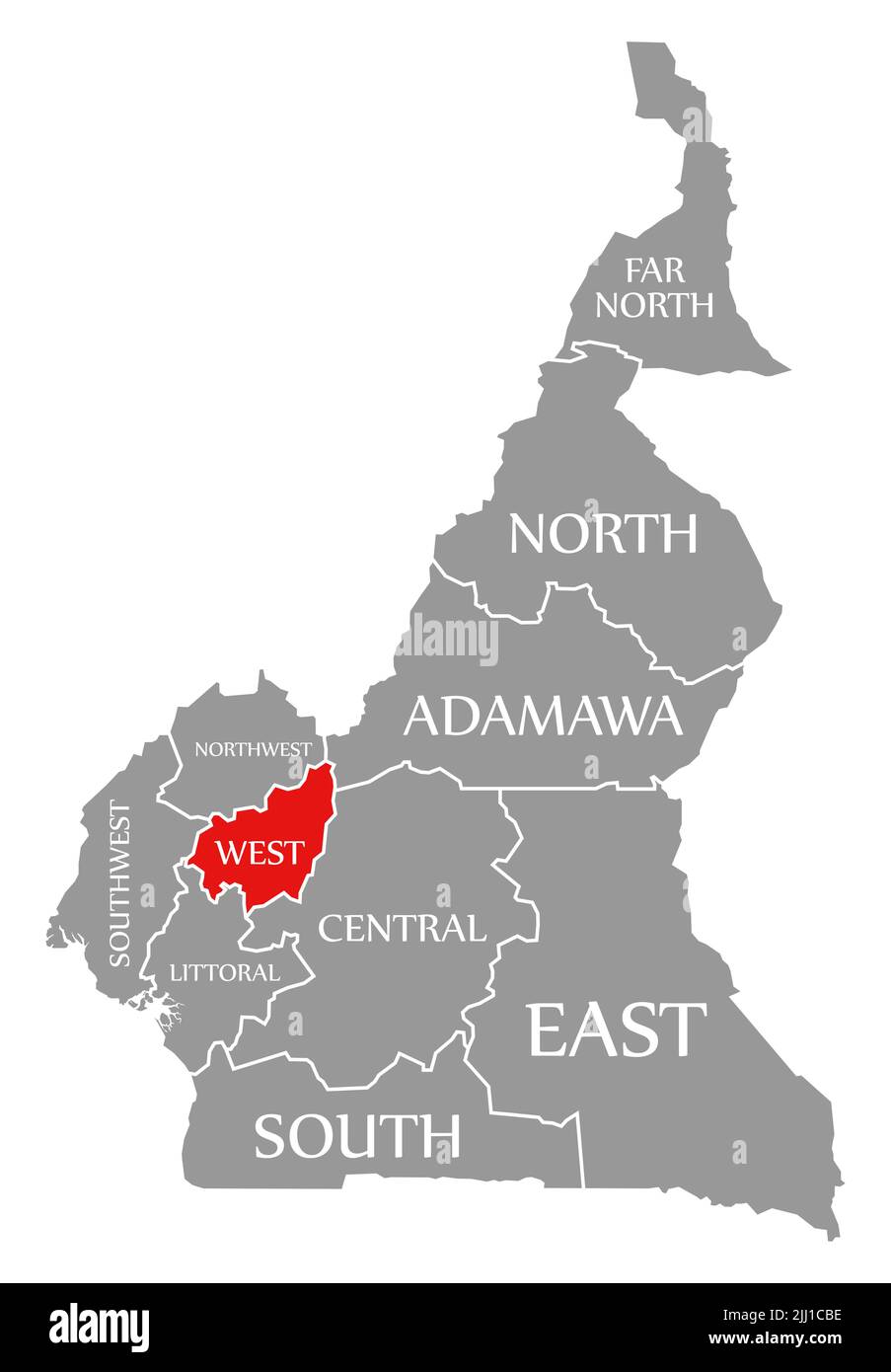 Région de l'Ouest rouge mis en évidence sur la carte du Cameroun Banque D'Images