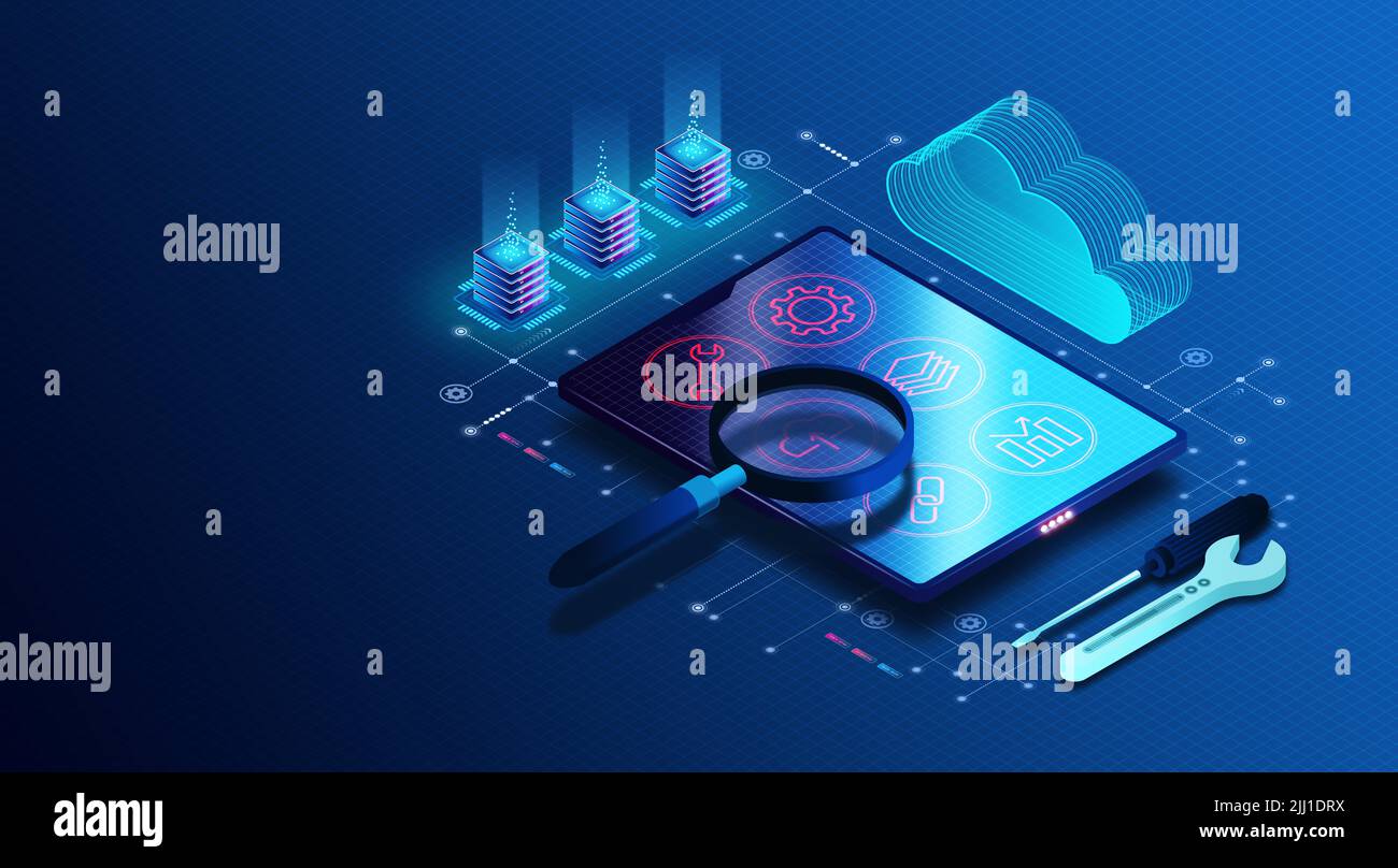 Concept de test des applications logicielles - processus de test des applications logicielles avec des outils et des cadres d'automatisation pour identifier les erreurs - 3D Illustrat Banque D'Images