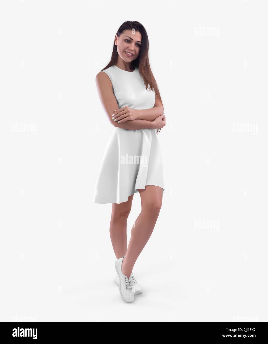 Maquette d'un sundress blanc designer, avec une jupe vague sur une belle fille en baskets, une robe mi-longueur pour l'impression, le motif, la publicité. Caillot léger Banque D'Images