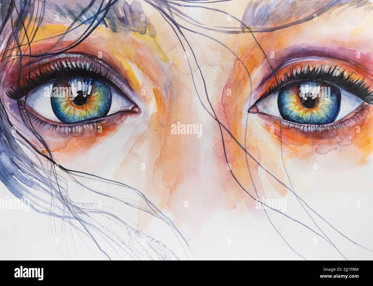 Image abstraite conceptuelle de l'œil de Handmad. Aquarelle portrait de femme. Peinture dans des couleurs colorées. Résumé conceptuel de Banque D'Images
