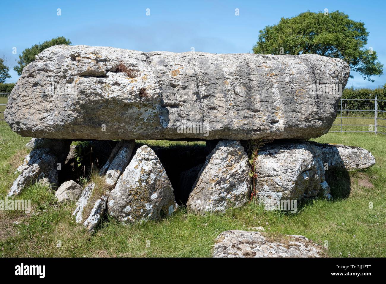 Les remarquables capstone de 25 tonnes et les montants de soutien de la chambre de sépulture néolithique à Lligwy, Moelfre, Anglesey, pays de Galles, Royaume-Uni Banque D'Images