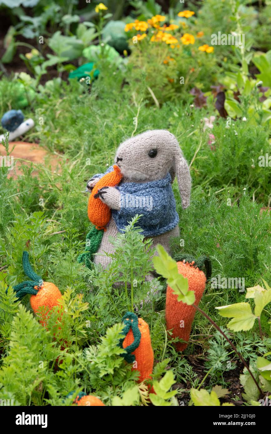 Walton Charity Community Allotment exposition de bombes à fils au RHS Hampton court Palace Flower show 2022. Lapin tricoté et carottes parmi l'allotissement Banque D'Images