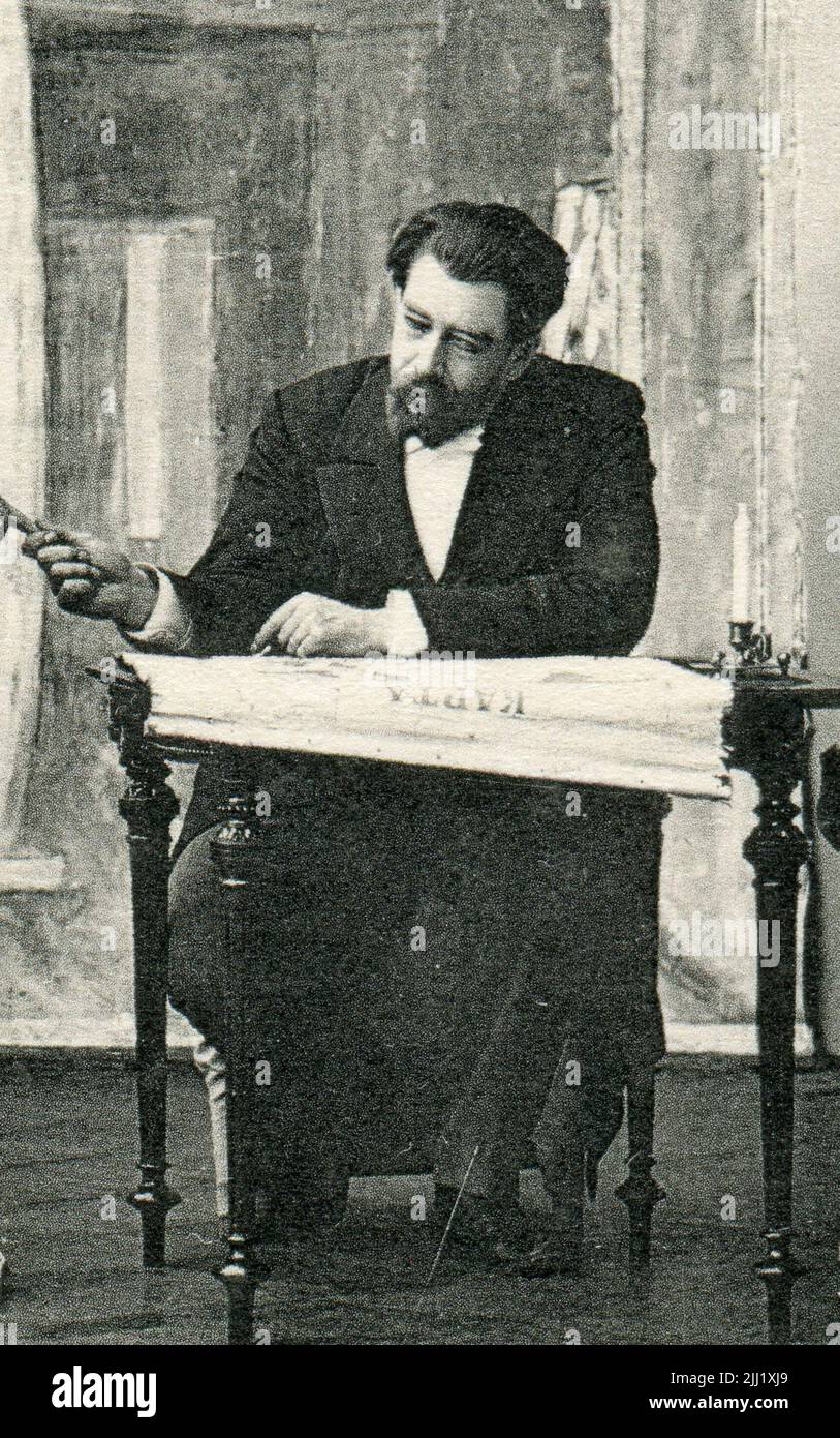 Konstantin Sergueevitch Stanislavski (né Alekseyev; russe: Константин Сергеевич Станиславский; 17 janvier [O.S. 5 janvier] 1863 – 7 août 1938) et Olga Leonardovna Knipper-Chekhova (russe : Ольга Леонардовна Книппер-Чехова; 21 septembre [O.S. 9 septembre] 1868 – 22 mars 1959) à l'oncle Vanya par Anton Chekhov. Détail carte postale ancienne de l'Empire russe, 1904. Banque D'Images