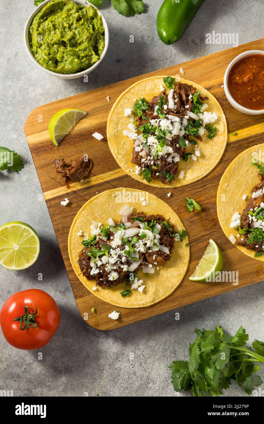 Tacos de bœuf frais mexicains maison avec oignon et fromage Banque D'Images