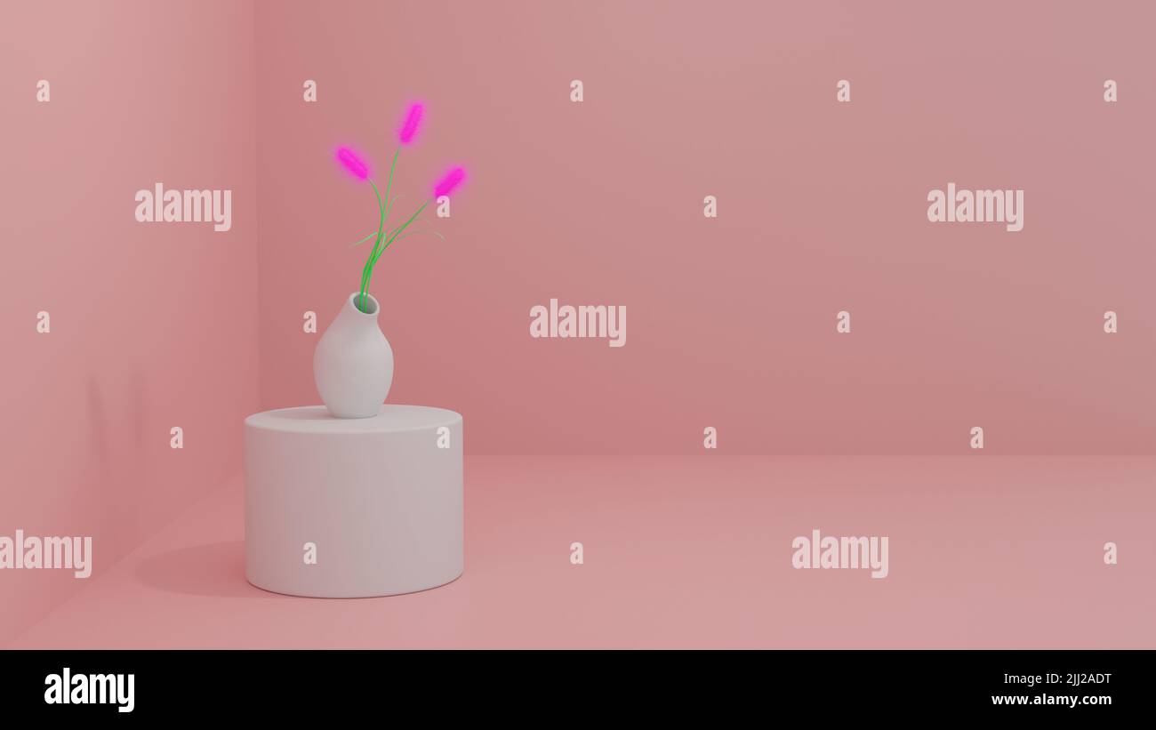 Scène abstraite dans des tons roses et espace libre dans le cadre. Fleurs fictives roses dans un vase blanc sur un piédestal cylindrique blanc. 3D rendu. Banque D'Images