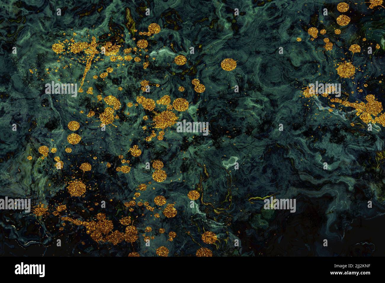 La texture du marbre vert foncé avec des nervures blanches et des taches de peinture dorées. Marbre vert abstrait avec or. Texture en pierre de marbre brillant pour Wal numérique Banque D'Images