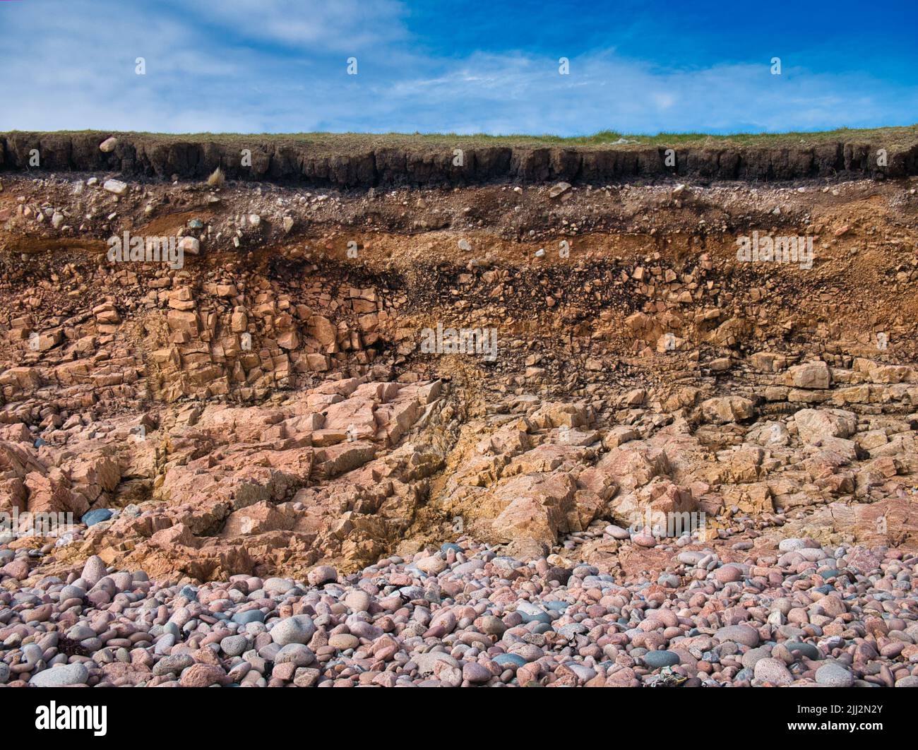 Érosion du sol, sous-sol et soubassement sur une plage de galets près de Sand Wick et Hillswick dans Northmavine, Shetland, Royaume-Uni. Banque D'Images