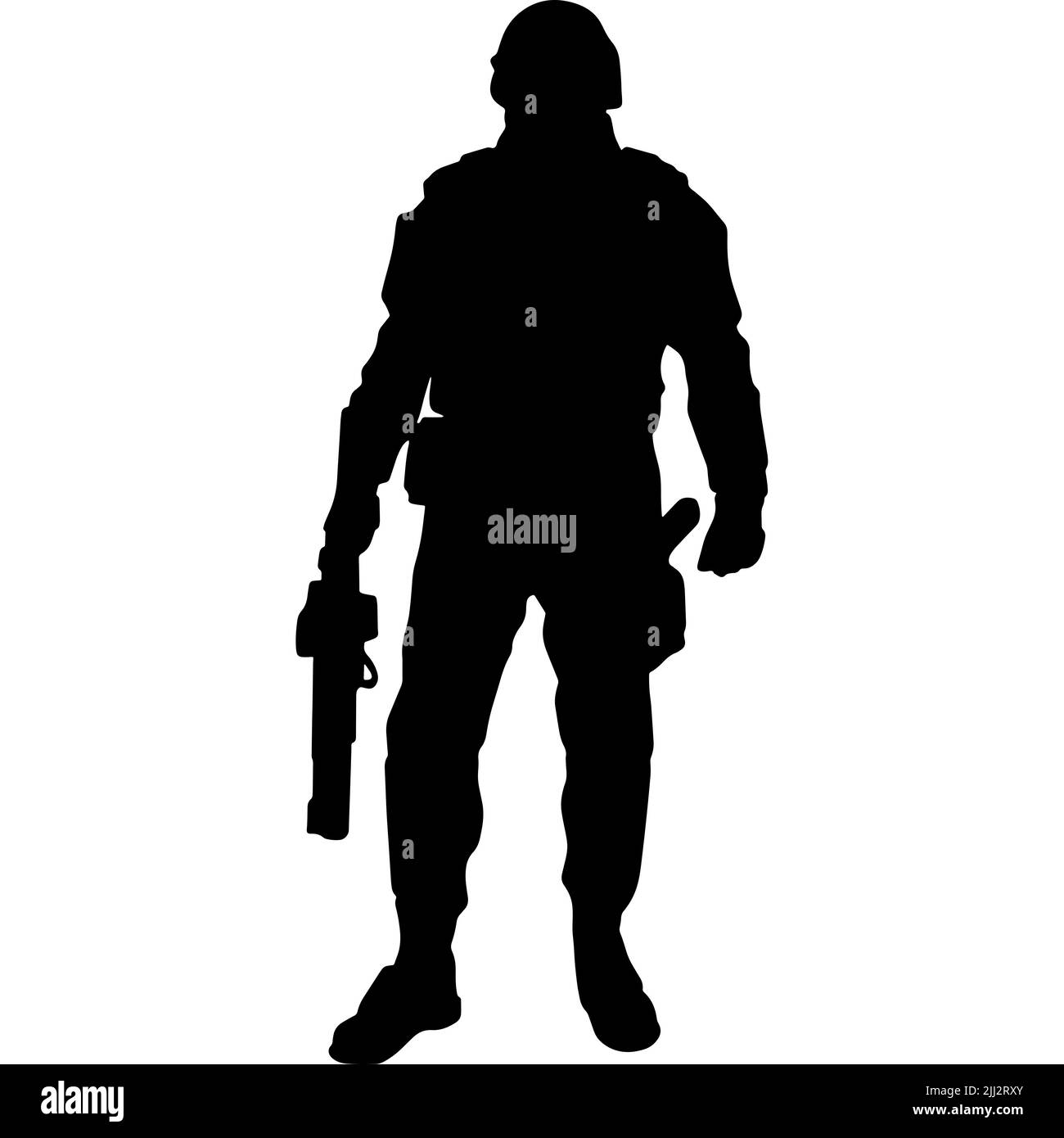 Silhouette noire et blanche d'un soldat avec une arme. Un soldat des forces spéciales vise et tire un fusil ou une mitrailleuse à l'ennemi Banque D'Images