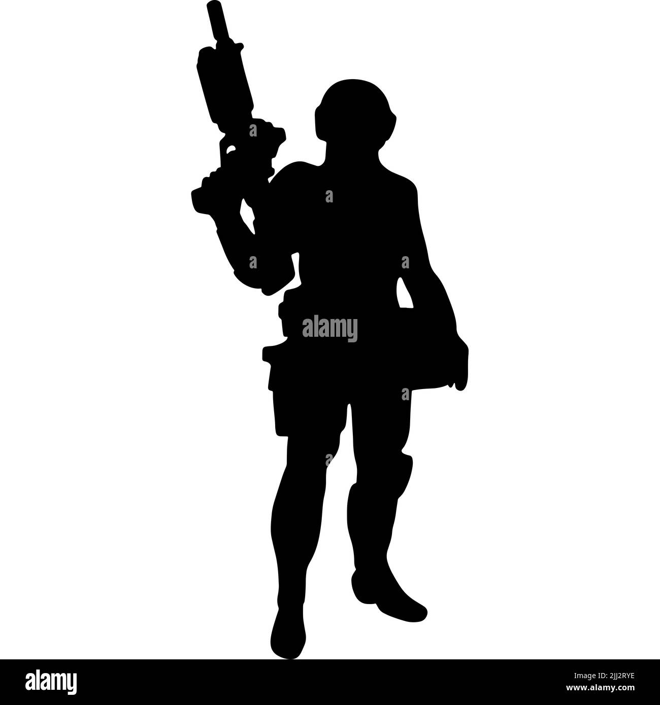 Silhouette noire et blanche d'un soldat avec une arme. Un soldat des forces spéciales vise et tire un fusil ou une mitrailleuse à l'ennemi Banque D'Images