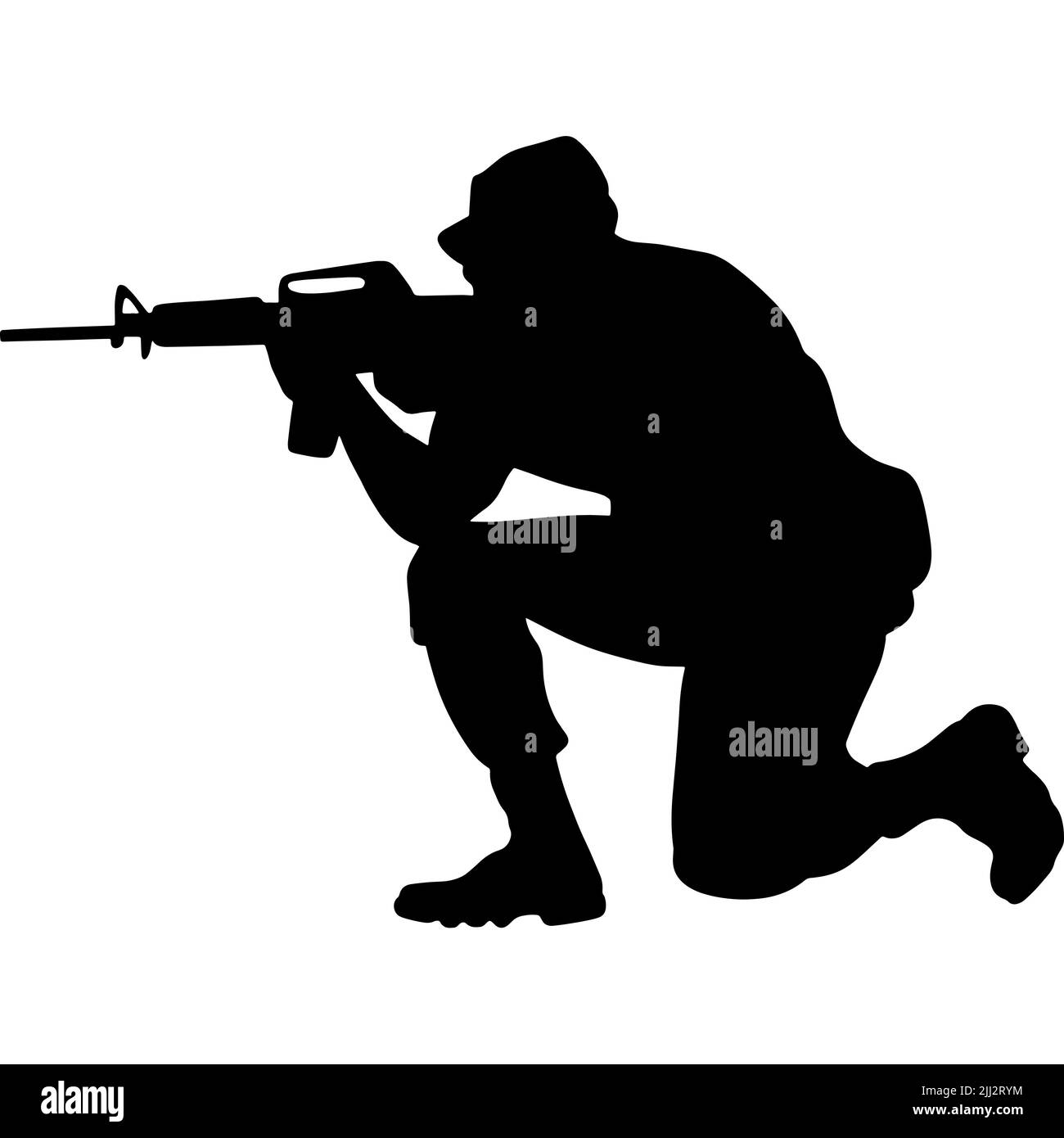 Silhouette noire et blanche d'un soldat avec une arme. Un soldat des forces spéciales vise et tire un fusil ou une mitrailleuse à l'ennemi Banque D'Images