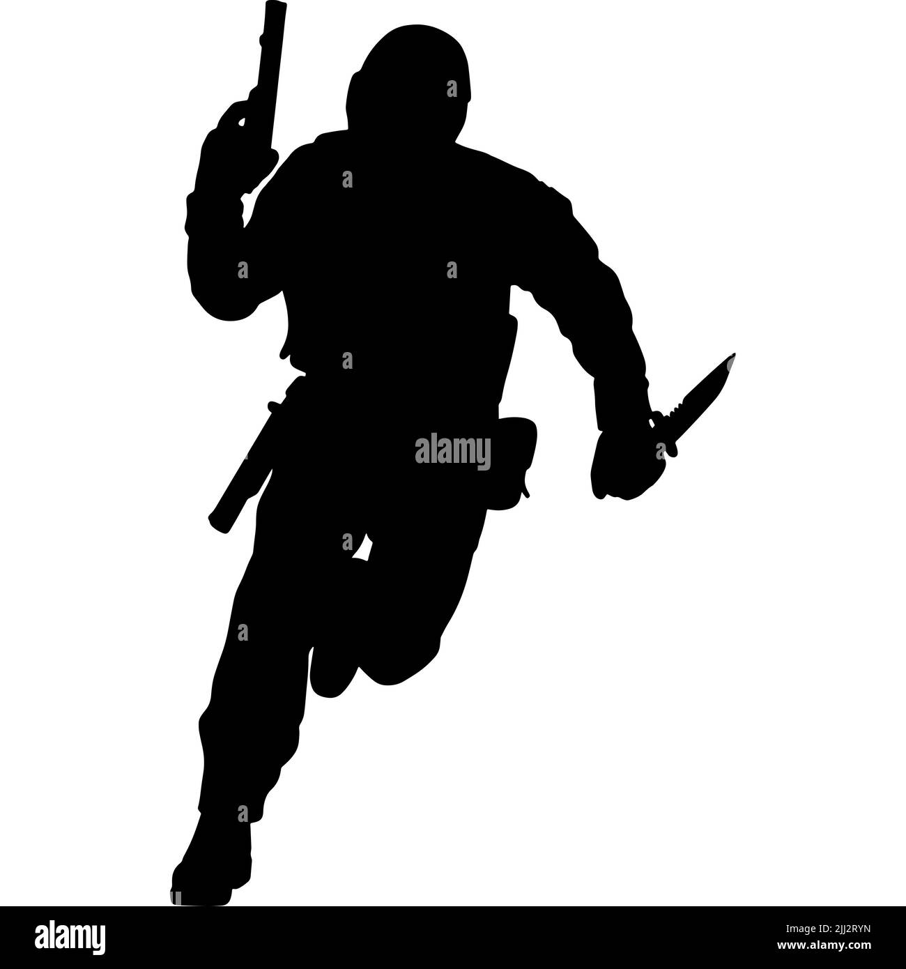 Silhouette noire et blanche d'un soldat avec une arme. Un soldat des forces spéciales vise et tire un fusil ou une mitrailleuse à l'ennemi Banque D'Images