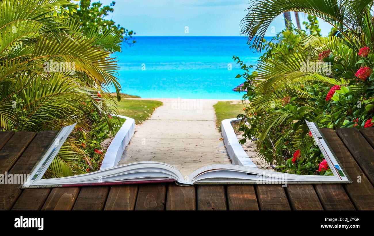 Livre ouvert sur une terrasse en bois avec route vers l'océan avec des fleurs tropicales autour Banque D'Images