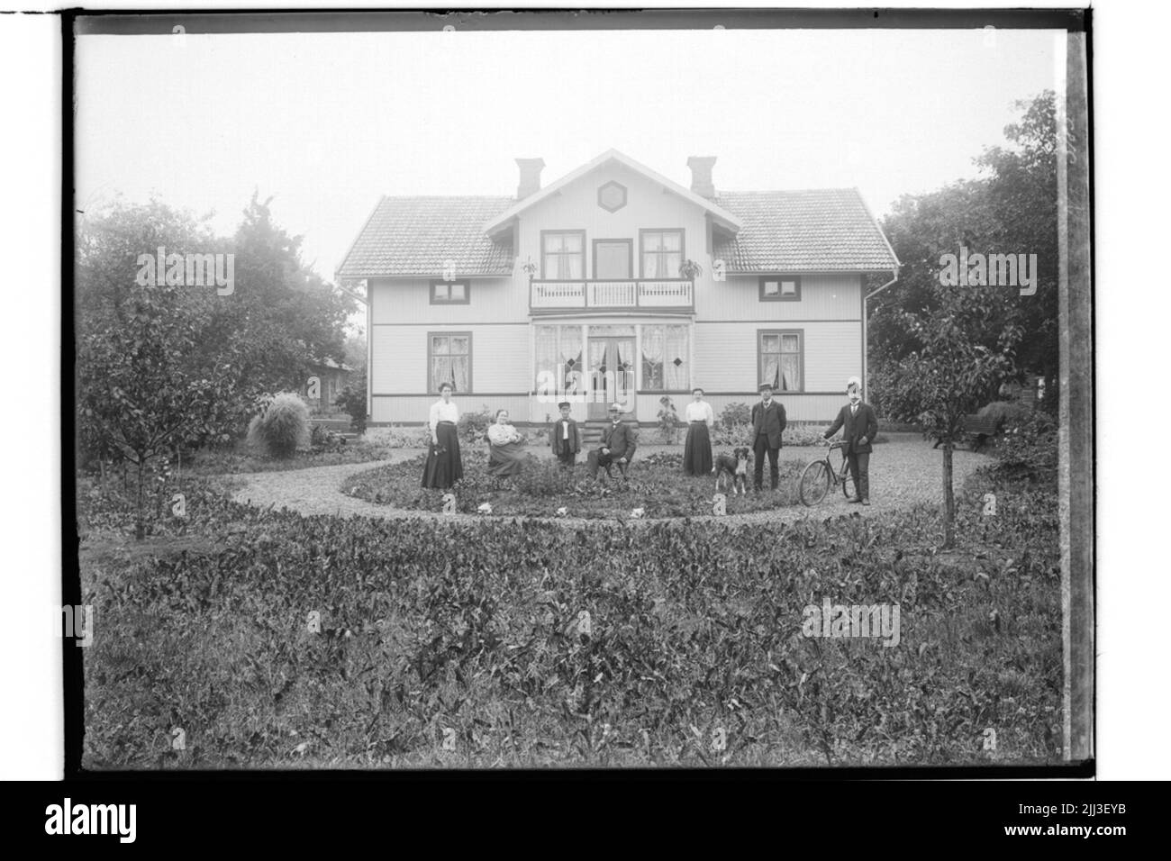 Bâtiments résidentiels d'un étage et demi avec cuisinière avant, balcon et véranda vitrée. SJU et un chien en face de la maison. Par Johansson Banque D'Images