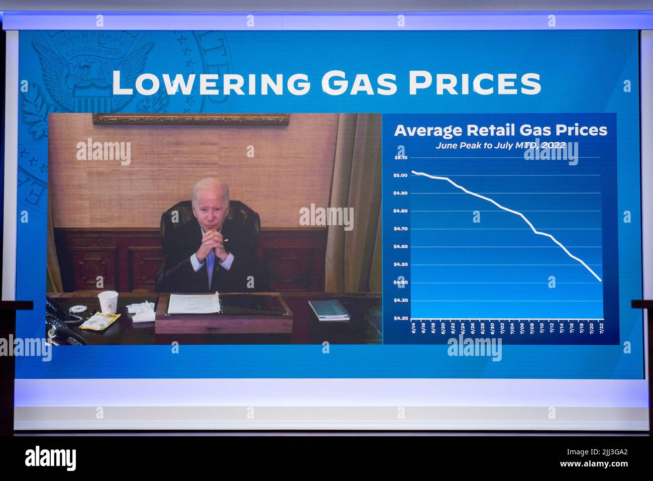 Joe Biden, président des États-Unis, participe virtuellement à une réunion sur les progrès réalisés pour réduire les prix de l'essence pour les familles américaines dans l'Auditorium de la Cour du Sud sur le campus de la Maison Blanche à Washington, DC, vendredi, 22 juillet 2022. Crédit : Rod Lamkey/Pool via CNP/MediaPunch Banque D'Images