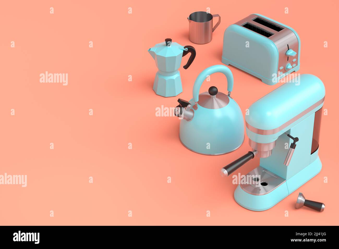Bouilloire, grille-pain, machine à café à corne et geyser machine à café sur fond de corail. 3d appareils de cuisine de rendu faisant le petit déjeuner avec le café latte Banque D'Images