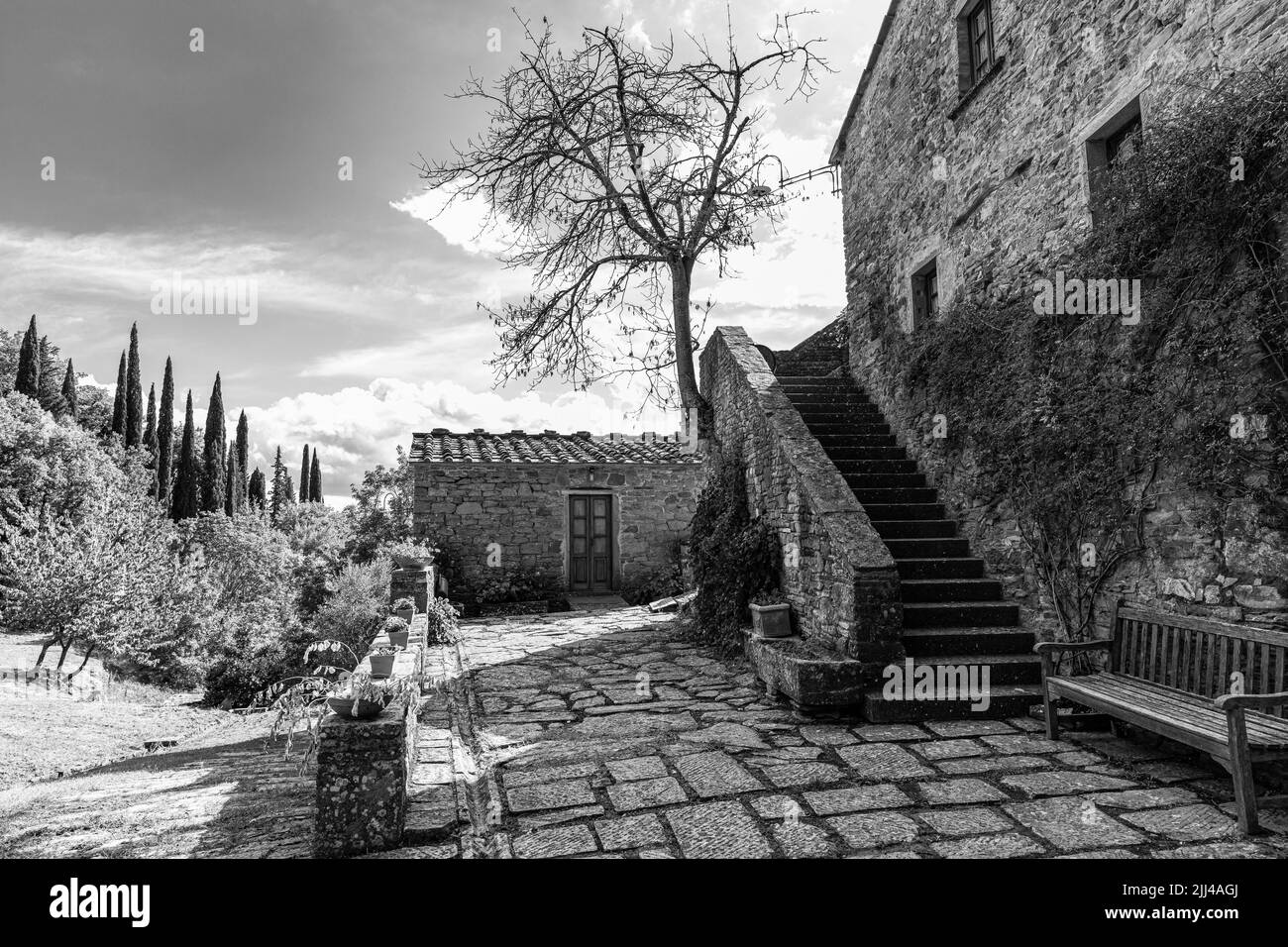 Moulin à huile de la Villa, Castiglioni Fibocchi, photographie en noir et blanc, Toscane, Italie Banque D'Images