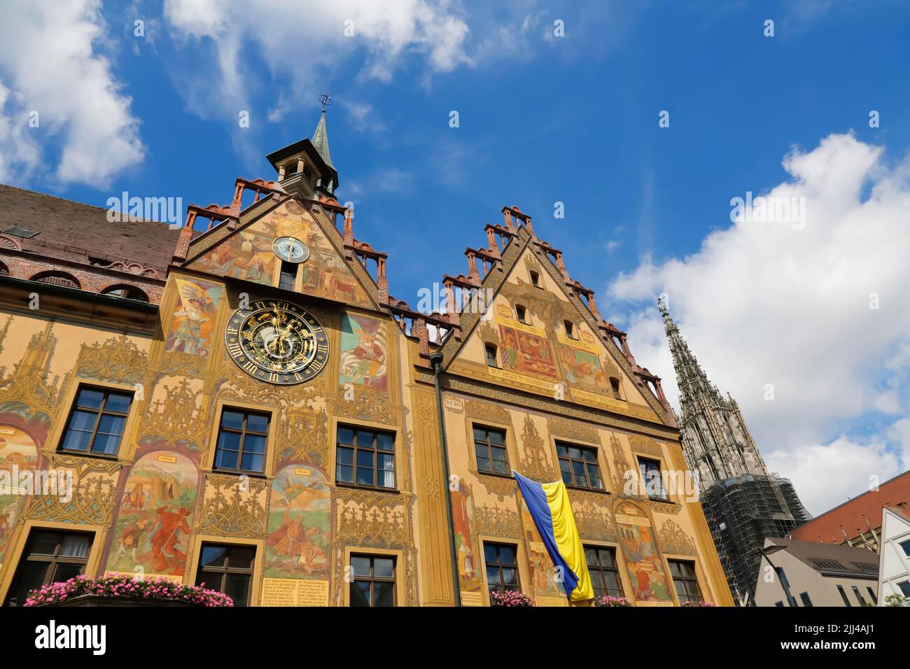 Ulm Town Hall, peintures murales de façade, horloge astronomique, monument architectural, début de la Renaissance, Architecture, Ulm, Bade-Wurtemberg, Allemagne Banque D'Images