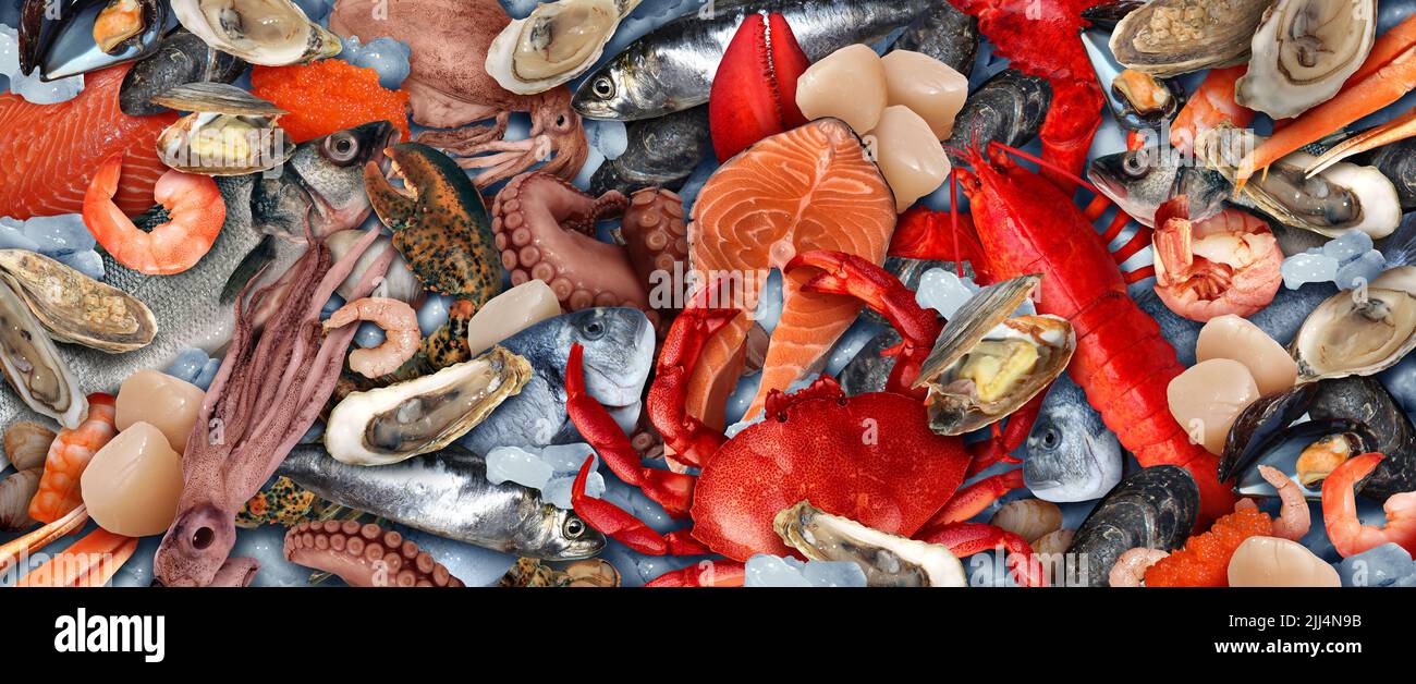 Fond de fruits de mer ou poisson et crustacés aliments sains comme un groupe d'huîtres fraîches et de pétoncles de homard avec crevettes et crabe comme symbole de régime. Banque D'Images