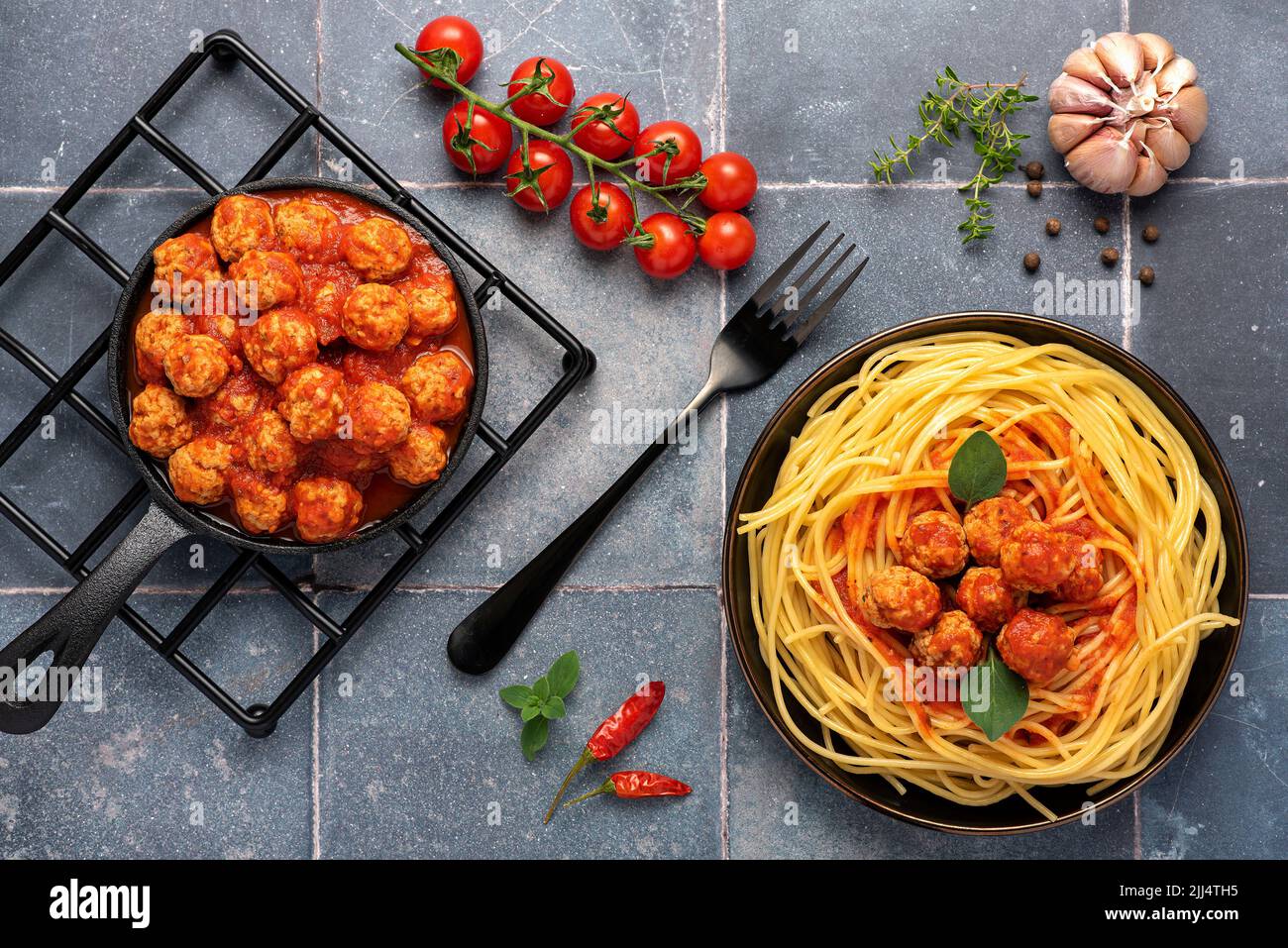 Photographie alimentaire de meatball, spaghetti, pâtes, fourchette Banque D'Images