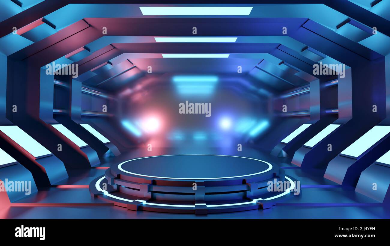 Alien Sci Fi vide Podium cercle béton ciment entrepôt souterrain arrière-plan Grunge futuriste LED Bleu blanc lumineux Spaceship 3D R Banque D'Images