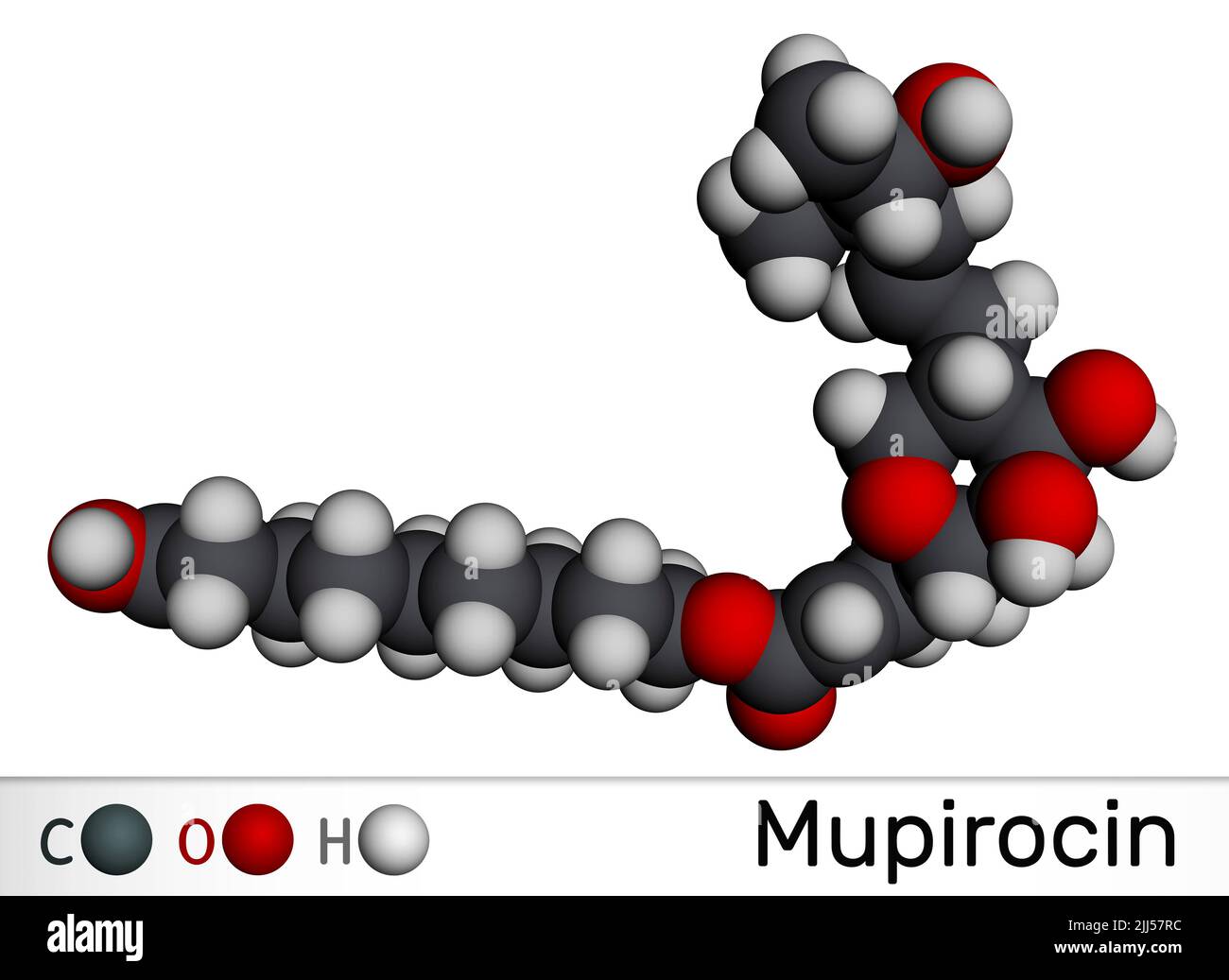 Molécule de mupirocine. Il est pommade antibactérien utilisé pour traiter l'impétigo et les infections de peau. Modèle moléculaire. 3D rendu. Illustration Banque D'Images