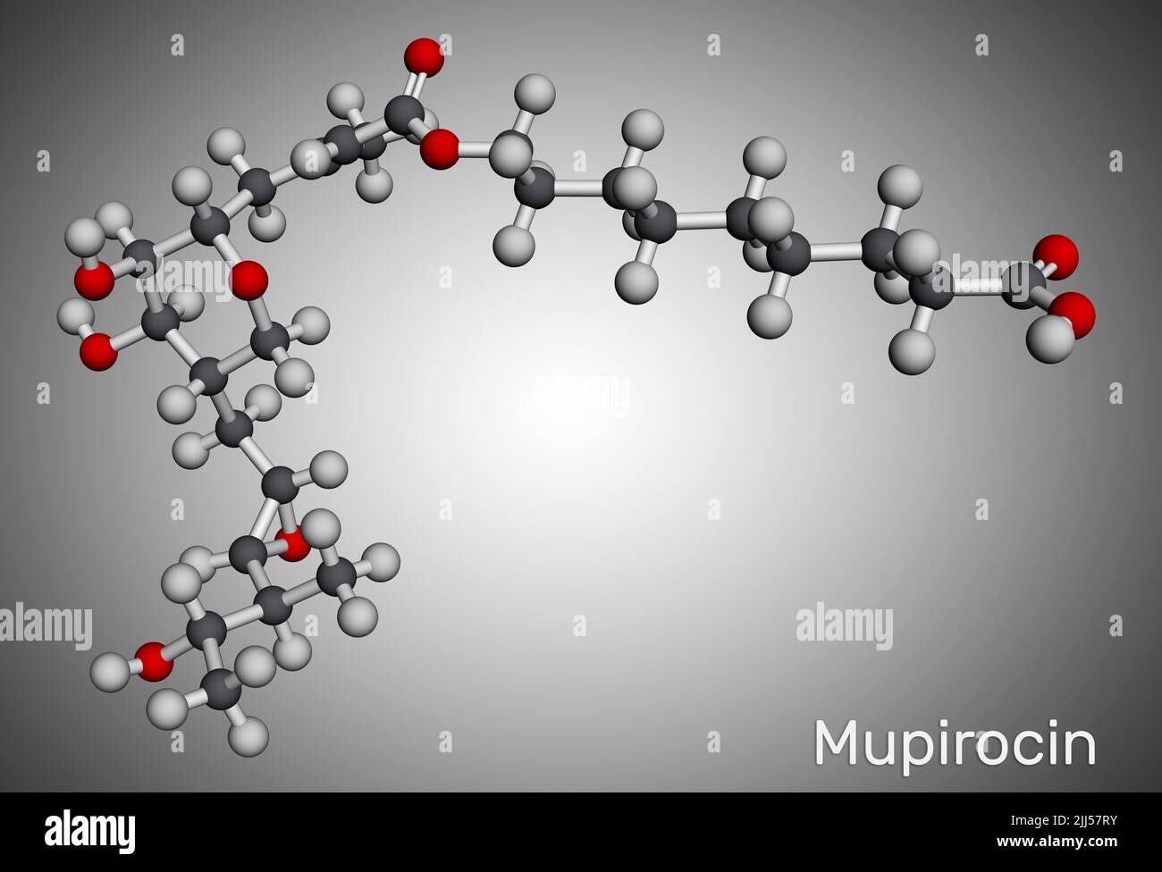 Molécule de mupirocine. Il est pommade antibactérien utilisé pour traiter l'impétigo et les infections de peau. Modèle moléculaire. 3D rendu. Illustration Banque D'Images