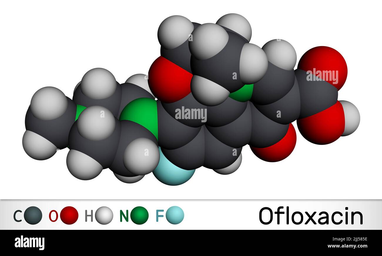 Molécule d'Ofloxacin fluoroquinolone. C'est un antibiotique quinolone, médicament antibactérien. Modèle moléculaire. 3D rendu. Illustration Banque D'Images