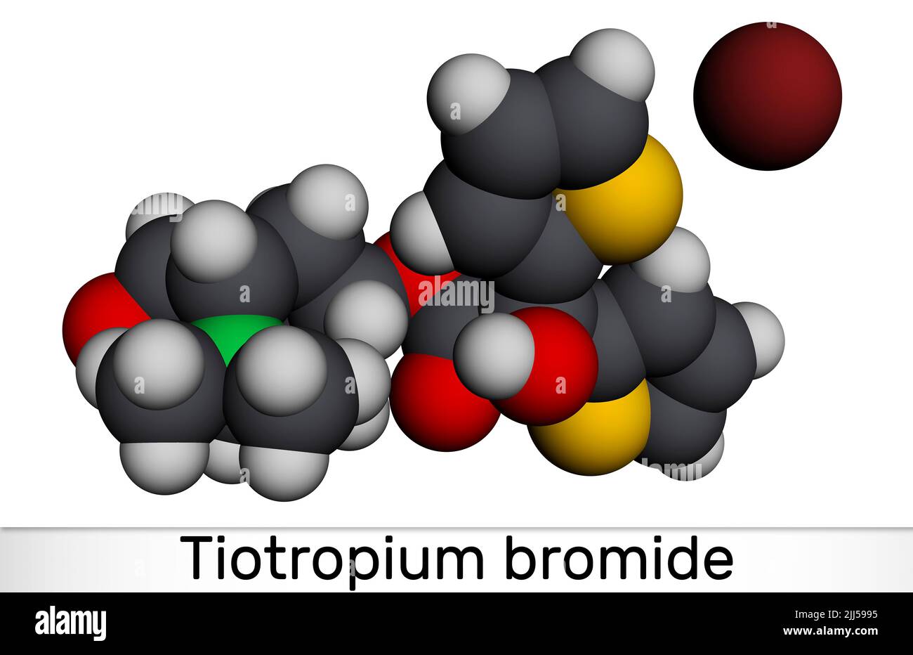 Molécule de bromure de tiotropium. Utilisé dans la réduction de la maladie pulmonaire obstructive chronique MPOC, asthme. Modèle moléculaire. 3D rendu Banque D'Images