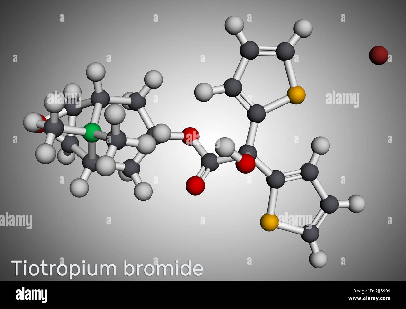 Molécule de bromure de tiotropium. Utilisé dans la réduction de la maladie pulmonaire obstructive chronique MPOC, asthme. Modèle moléculaire. 3D rendu Banque D'Images