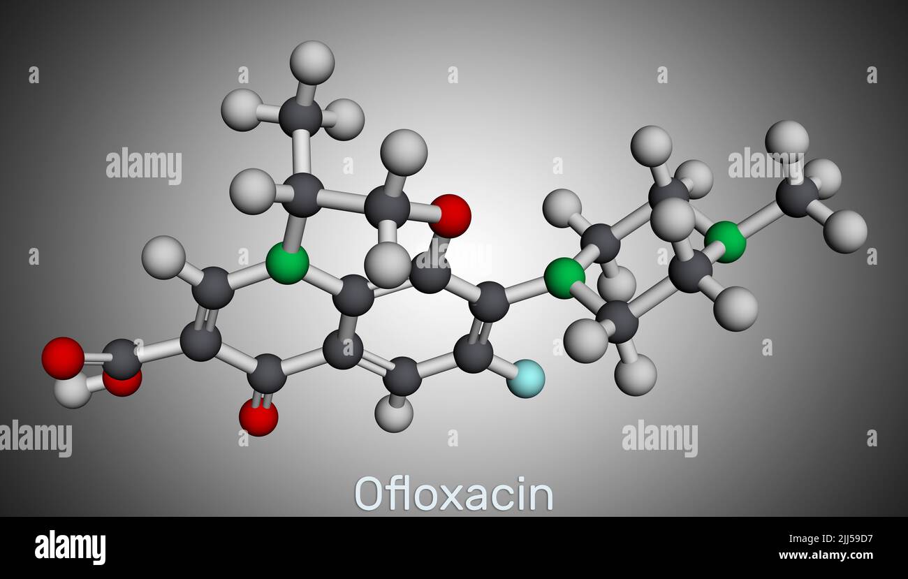 Molécule d'Ofloxacin fluoroquinolone. C'est un antibiotique quinolone, médicament antibactérien. Modèle moléculaire. 3D rendu. Banque D'Images