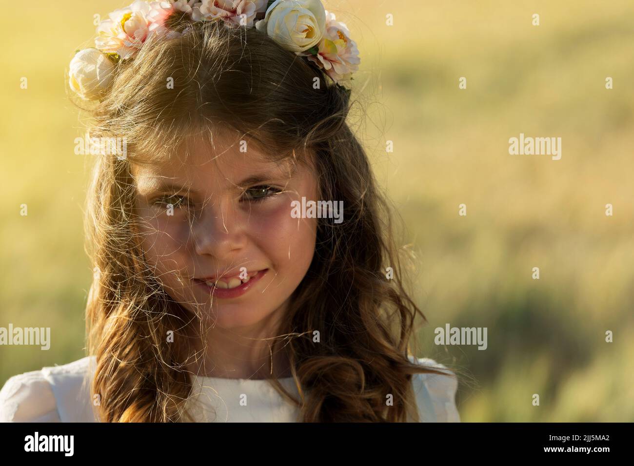 Fille souriante portant une couronne de fleur Banque D'Images