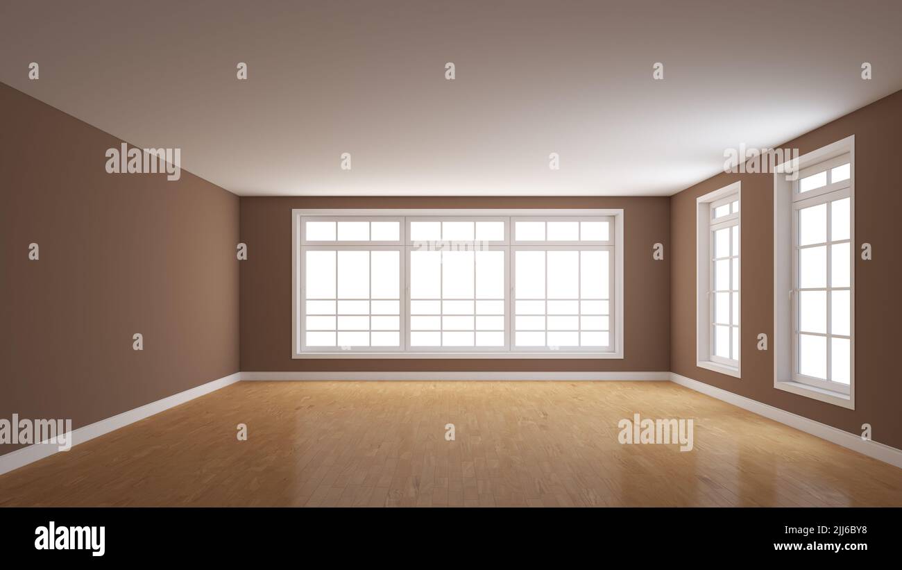 Chambre intérieure vide avec murs bruns, parquet brillant, Plinth blanc, trois grandes fenêtres pleine paroi. 3D rendu avec un chemin de travail sous Windows. 8K Ultra HD, 7680 x 4320, 300 dpi Banque D'Images