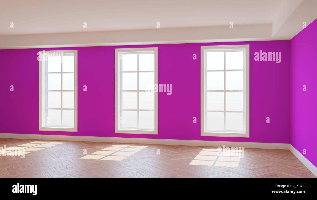 Intérieur vide ensoleillé avec murs roses, trois grandes fenêtres, parquet brillant à chevrons clair et un Plinth blanc. Belle chambre non meublée. Rendu 3D, Ultra HD 8K, 7680x4320, 300 dpi Banque D'Images